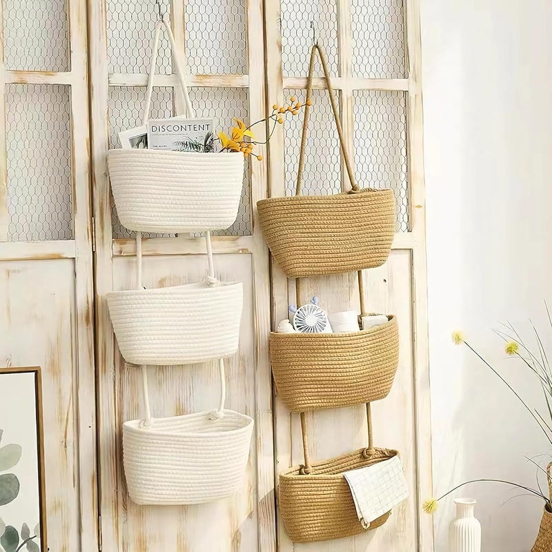AARainbow Wall Hanging Cotton Baskets - Large 3 Tier Decorative Baskets for Wall, Nursery, Bathroom (B-Brown) - Image 2